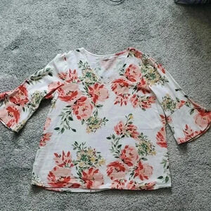 Chloe + Rene red, pink, peach, yellow and green flower shirt linen blend size XL